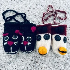 Nirvanna Designs 2 Pairs Mittens Cat & Duck 100% Wool Made in Nepal Child’s Sz S